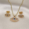 Juego de Arete y Dije de Adulto 10.156.0342.1 Oro Laminado, Diseño de Ojo Griego, con Multicolor Micro Pave and Zafiro Azul Zirconia Cubica, Pulido, Tono Dorado
