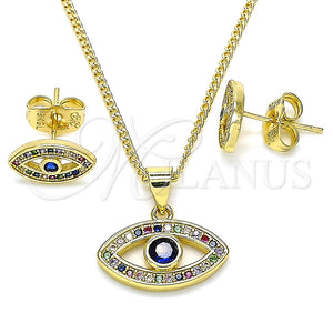 Juego de Arete y Dije de Adulto 10.156.0342.1 Oro Laminado, Diseño de Ojo Griego, con Multicolor Micro Pave and Zafiro Azul Zirconia Cubica, Pulido, Tono Dorado