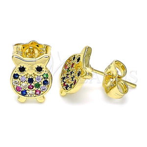 Arete Dormilona 02.156.0549.1 Oro Laminado, Diseño de Búho, con Multicolor Micro Pave, Pulido, Tono Dorado