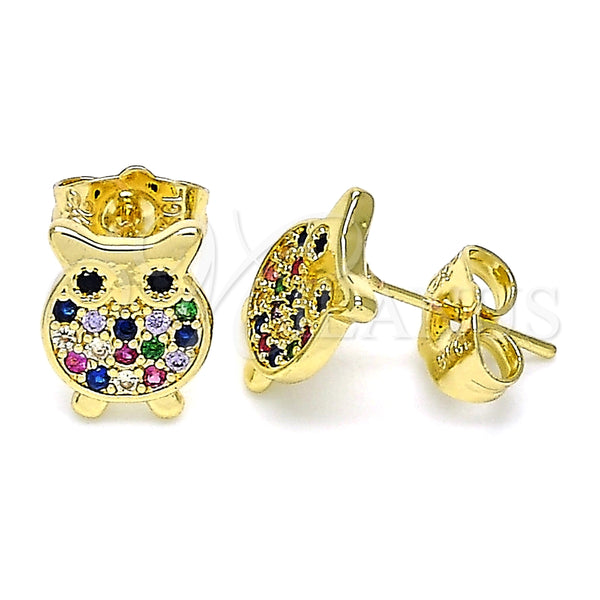 Arete Dormilona 02.156.0549.1 Oro Laminado, Diseño de Búho, con Multicolor Micro Pave, Pulido, Tono Dorado
