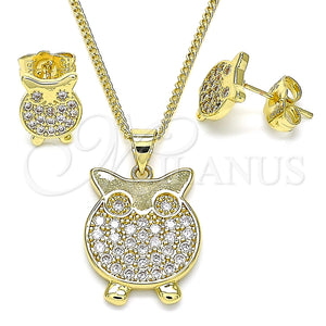 Juego de Arete y Dije de Adulto 10.156.0343 Oro Laminado, Diseño de Búho, con Blanca Micro Pave, Pulido, Tono Dorado