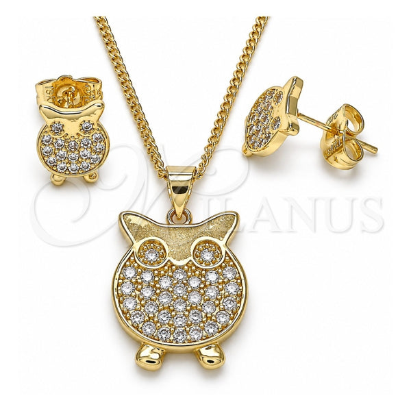 Juego de Arete y Dije de Adulto 10.156.0343 Oro Laminado, Diseño de Búho, con Blanca Micro Pave, Pulido, Tono Dorado