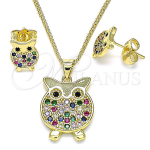 Juego de Arete y Dije de Adulto 10.156.0343.1 Oro Laminado, Diseño de Búho, con Multicolor Micro Pave, Pulido, Tono Dorado