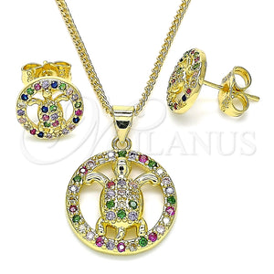 Juego de Arete y Dije de Adulto 10.156.0344.1 Oro Laminado, Diseño de Tortuga, con Multicolor Micro Pave, Pulido, Tono Dorado