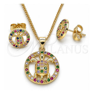 Juego de Arete y Dije de Adulto 10.156.0344.1 Oro Laminado, Diseño de Tortuga, con Multicolor Micro Pave, Pulido, Tono Dorado