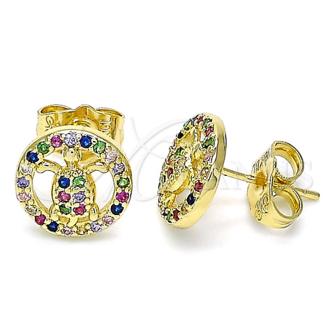 Arete Dormilona 02.156.0550.1 Oro Laminado, Diseño de Tortuga, con Multicolor Micro Pave, Pulido, Tono Dorado