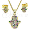 Juego de Arete y Dije de Adulto 10.156.0345.1 Oro Laminado, Diseño de Mano de Dios y Judaica, con Micro Pave Multicolor, Pulido, Tono Dorado
