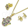 Juego de Arete y Dije de Adulto 10.156.0345.1 Oro Laminado, Diseño de Mano de Dios y Judaica, con Micro Pave Multicolor, Pulido, Tono Dorado