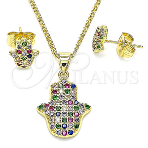 Juego de Arete y Dije de Adulto 10.156.0345.1 Oro Laminado, Diseño de Mano de Dios, con Multicolor Micro Pave, Pulido, Tono Dorado