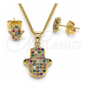Juego de Arete y Dije de Adulto 10.156.0345.1 Oro Laminado, Diseño de Mano de Dios y Judaica, con Micro Pave Multicolor, Pulido, Tono Dorado