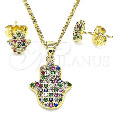 Juego de Arete y Dije de Adulto 10.156.0345.1 Oro Laminado, Diseño de Mano de Dios, con Multicolor Micro Pave, Pulido, Tono Dorado