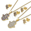 Juego de Arete y Dije de Adulto 10.156.0345.1 Oro Laminado, Diseño de Mano de Dios y Judaica, con Micro Pave Multicolor, Pulido, Tono Dorado