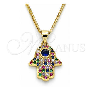 Collares con Dije 04.156.0396.1.20 Oro Laminado, Diseño de Mano de Dios y Judaica, con Micro Pave Multicolor y Zirconia Cubica Zafiro Azul, Pulido, Tono Dorado (Grosor 02 MM, 20 Pulgadas de Largo)