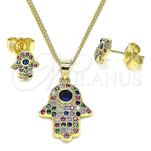 Juego de Arete y Dije de Adulto 10.156.0346.1 Oro Laminado, Diseño de Mano de Dios, con Multicolor Micro Pave and Zafiro Azul Zirconia Cubica, Pulido, Tono Dorado