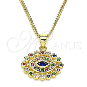 Collares con Dije 04.156.0397.1.20 Oro Laminado, Diseño de Ojo Griego, con Multicolor Micro Pave, Pulido, Tono Dorado (02 MM Thickness, 20 Inches Length)
