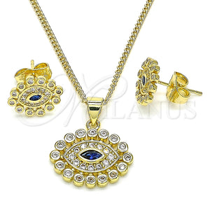 Juego de Arete y Dije de Adulto 10.156.0347 Oro Laminado, Diseño de Ojo Griego, con Zafiro Azul and Blanca Micro Pave, Pulido, Tono Dorado