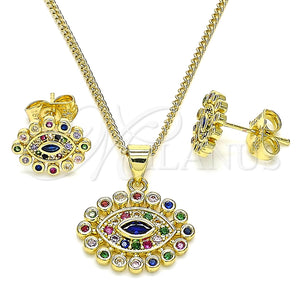 Juego de Arete y Dije de Adulto 10.156.0347.1 Oro Laminado, Diseño de Ojo Griego, con Multicolor Micro Pave, Pulido, Tono Dorado
