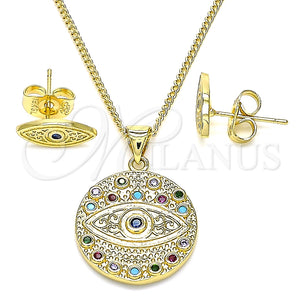Juego de Arete y Dije de Adulto 10.156.0352 Oro Laminado, Diseño de Ojo Griego, con Multicolor Micro Pave, Pulido, Tono Dorado