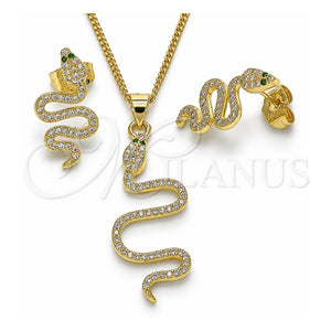 Juego de Arete y Dije de Adulto 10.156.0354 Oro Laminado, Diseño de Serpiente, con Micro Pave Blanca y Verde, Pulido, Tono Dorado