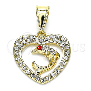 Dije Elegante 05.253.0112 Oro Laminado, Diseño de Delfín y Corazón, con Blanca and Granate Cristal, Pulido, Tono Dorado