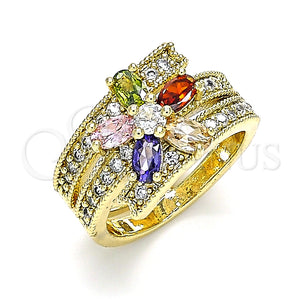 Anillo Multi Piedra 01.210.0110.08 Oro Laminado, Diseño de Flor, con Multicolor Zirconia Cubica, Pulido, Tono Dorado (Size 8)