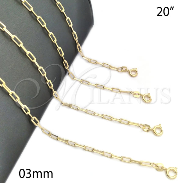 Gargantilla Basica 04.02.0010.20 Oro Laminado, Diseño de Paperclip, Pulido, Tono Dorado (03 MM Thickness, 20 Inches Length)