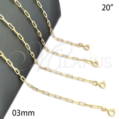 Gargantilla Basica 04.02.0010.20 Oro Laminado, Diseño de Paperclip, Pulido, Tono Dorado (03 MM Thickness, 20 Inches Length)