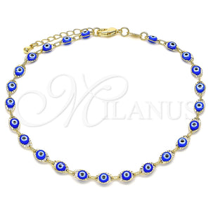 Tobillera Elegante 03.63.2212.2.10 Oro Laminado, Diseño de Ojo Griego, Resinado Azul, Tono Dorado (Grosor 05 MM, 10 Pulgadas de Largo)