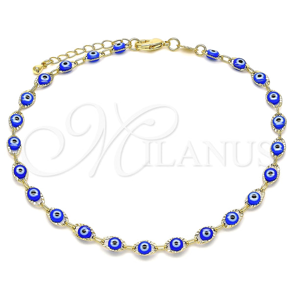 Tobillera Elegante 03.63.2212.2.10 Oro Laminado, Diseño de Ojo Griego, Resinado Azul, Tono Dorado (Grosor 05 MM, 10 Pulgadas de Largo)
