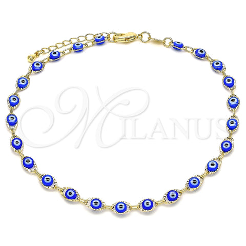 Tobillera Elegante 03.63.2212.2.10 Oro Laminado, Diseño de Ojo Griego, Resinado Azul, Tono Dorado (Grosor 05 MM, 10 Pulgadas de Largo)