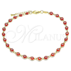 Tobillera Elegante 03.63.2212.3.10 Oro Laminado, Diseño de Ojo Griego, Resinado Rojo, Tono Dorado (Grosor 04.5 MM, 10 Pulgadas de Largo)