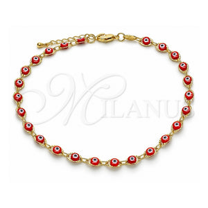 Tobillera Elegante 03.63.2212.3.10 Oro Laminado, Diseño de Ojo Griego, Resinado Rojo, Tono Dorado (Grosor 04.5 MM, 10 Pulgadas de Largo)