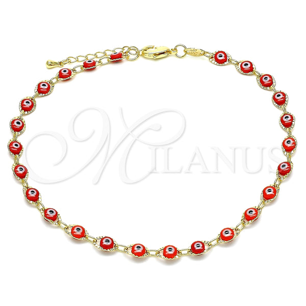Tobillera Elegante 03.63.2212.3.10 Oro Laminado, Diseño de Ojo Griego, Resinado Rojo, Tono Dorado (Grosor 04.5 MM, 10 Pulgadas de Largo)