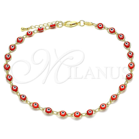 Tobillera Elegante 03.63.2212.3.10 Oro Laminado, Diseño de Ojo Griego, Resinado Rojo, Tono Dorado (Grosor 04.5 MM, 10 Pulgadas de Largo)