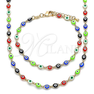 Collar y Pulsera 06.63.0255.1 Oro Laminado, Diseño de Ojo Griego, Resinado Multicolor, Tono Dorado