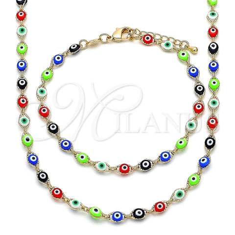 Collar y Pulsera 06.63.0255.1 Oro Laminado, Diseño de Ojo Griego, Resinado Multicolor, Tono Dorado