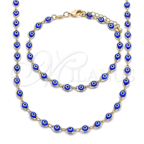 Collar y Pulsera 06.63.0255.2 Oro Laminado, Diseño de Ojo Griego, Resinado Azul, Tono Dorado