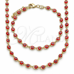 Collar y Pulsera 06.63.0255.3 Oro Laminado, Diseño de Ojo Griego, Resinado Rojo, Tono Dorado