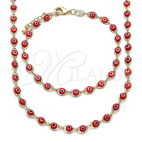 Collar y Pulsera 06.63.0255.3 Oro Laminado, Diseño de Ojo Griego, Resinado Rojo, Tono Dorado