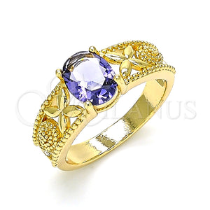 Anillo Multi Piedra 01.284.0041.1.06 Oro Laminado, Diseño de Mariposa y Gota, con Amatista Zirconia Cubica, Pulido, Tono Dorado (Size 6)