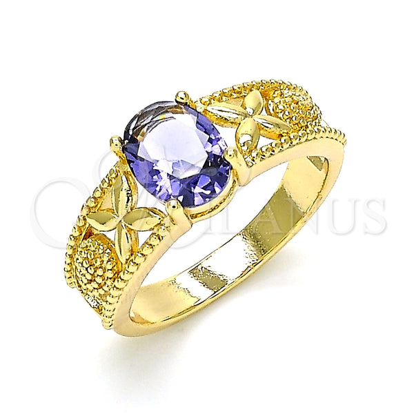 Anillo Multi Piedra 01.284.0041.1.07 Oro Laminado, Diseño de Mariposa y Gota, con Amatista Zirconia Cubica, Pulido, Tono Dorado (Size 7)