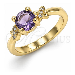 Anillo Multi Piedra 01.284.0046.06 Oro Laminado, con Zirconia Cubica Amatista y Blanca, Pulido, Tono Dorado (Tamaño 6)