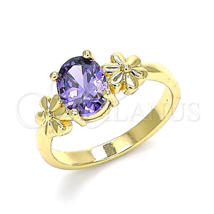 Anillo Multi Piedra 01.210.0121.07 Oro Laminado, Diseño de Flor, con Amatista Zirconia Cubica, Pulido, Tono Dorado (Size 7)