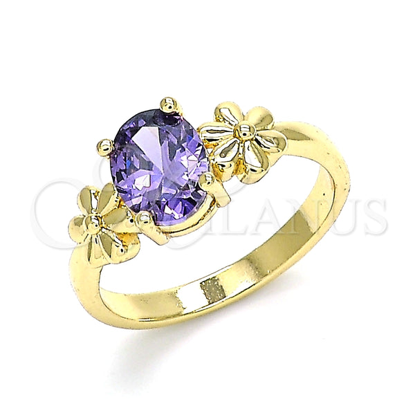 Anillo Multi Piedra 01.210.0121.08 Oro Laminado, Diseño de Flor, con Amatista Zirconia Cubica, Pulido, Tono Dorado (Size 8)