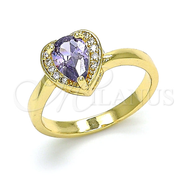 Anillo Multi Piedra 01.210.0130.06 Oro Laminado, Diseño de Corazón y Gota, con Amatista and Blanca Zirconia Cubica, Pulido, Tono Dorado (Size 6)
