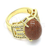 Anillo Multi Piedra 01.210.0134.06 Oro Laminado, Diseño de Llave Griega, con Onix Negro Goldstone Venturina and Blanca Zirconia Cubica, Pulido, Tono Dorado (Size 6)