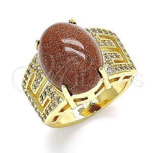 Anillo Multi Piedra 01.210.0134.06 Oro Laminado, Diseño de Llave Griega, con Onix Negro Goldstone Venturina and Blanca Zirconia Cubica, Pulido, Tono Dorado (Size 6)
