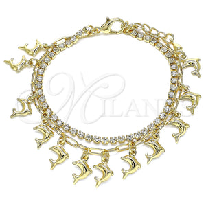 Pulsera de Dije 03.372.0007.08 Oro Laminado, Diseño de Delfín y Paperclip, con Blanca Cristal, Pulido, Tono Dorado (03 MM Thickness, 8 Inches Length)