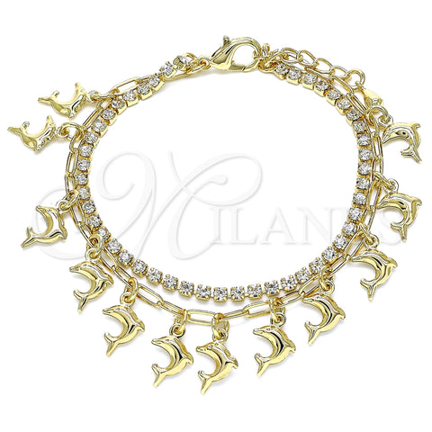 Pulsera de Dije 03.372.0007.08 Oro Laminado, Diseño de Delfín y Paperclip, con Blanca Cristal, Pulido, Tono Dorado (03 MM Thickness, 8 Inches Length)