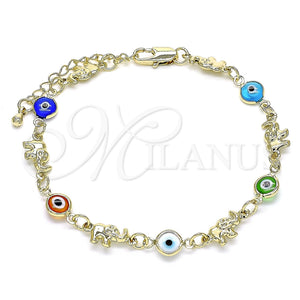 Pulsera Elegante 03.351.0128.08 Oro Laminado, Diseño de Elefante y Ojo Griego, Resinado Multicolor, Tono Dorado (07 MM Thickness, 8 Inches Length)